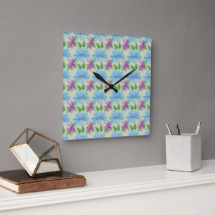 Horloge Carrée Esthétique à motif floral bleu   Fleur aquarelle