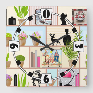 Horloge Carrée Étagères avec fleurs, livres et décorations
