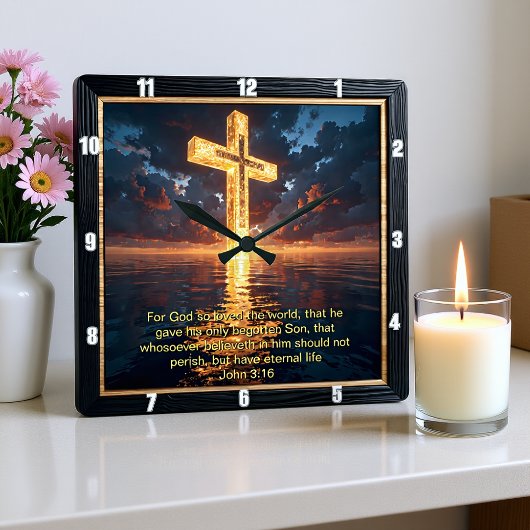 Horloge Carrée Eternal Promise The Cross Water Sunset John 3:16 