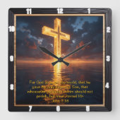 Horloge Carrée Eternal Promise The Cross Water Sunset John 3:16  (Recto)