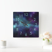 Horloge Carrée Étoiles dans l'espace violet bleu vert points numé (Maison)