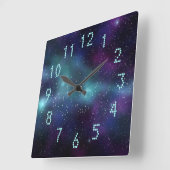 Horloge Carrée Étoiles dans l'espace violet bleu vert points numé (Angle)