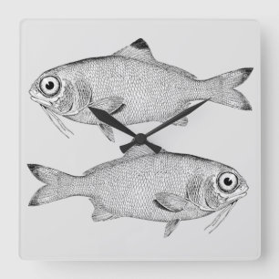 Horloge Carrée Étrange dessin de poisson vintage
