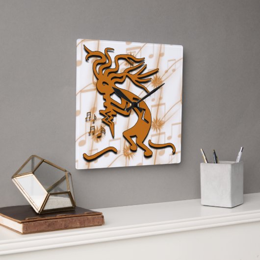 Horloge Carrée Face À Gauche Kokopelli Avec Notes Musicales (Bureau)