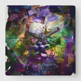 Horloge Carrée Face Abstraite avec symboles