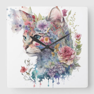 HORLOGE CARRÉE FACE DE CHAT EN COULEUR D'EAU ET JOLIES FLEURS