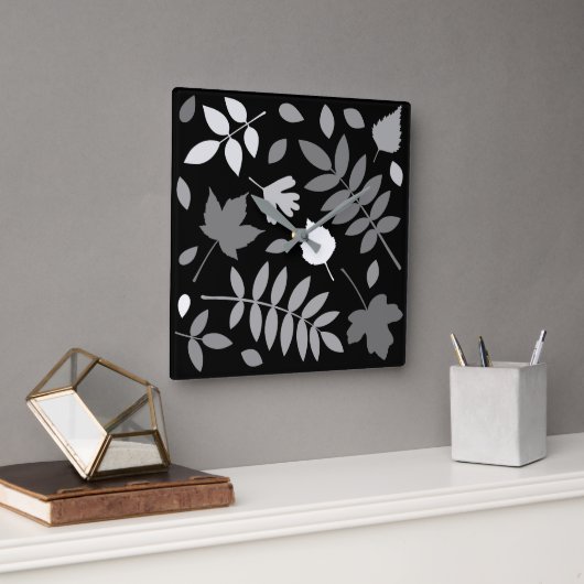 Horloge Carrée Fallen Feuille Design Gris Blanc Noir (Bureau)