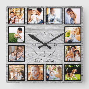 Horloge Carrée Famille 12 Photos Collage Agritourisme Bois rustiq