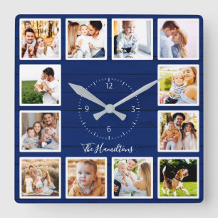 Horloge Carrée Famille 12 Photos Collage Blue Wood