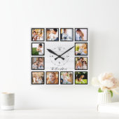 Horloge Carrée Famille 12 Photos Collage Bois blanc (Maison)