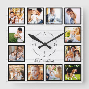 Horloge Carrée Famille 12 Photos Collage Bois blanc