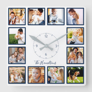Horloge Carrée Famille 12 Photos Collage Chic Bleu Et Blanc