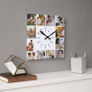 Horloge Carrée Famille de collage photo personnalisé minimaliste