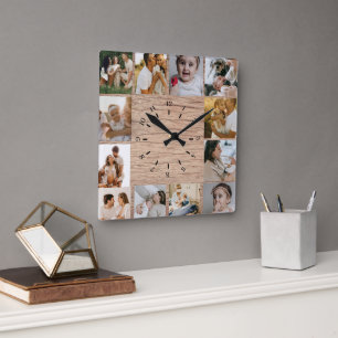 Horloge Carrée Famille de collage photo personnalisé rustique