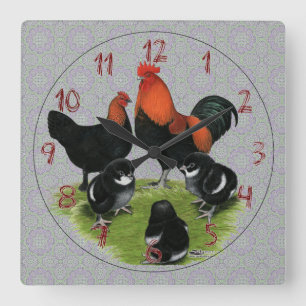 Horloge Carrée Famille de cuivre noire de poulet de Marans