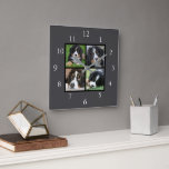 Horloge Carrée Famille gris foncé collage photo personnalisé<br><div class="desc">Collage photo de famille sur horloge arrière - plan gris foncé. Ajoutez vos propres photos personnelles pour personnaliser l'horloge.</div>