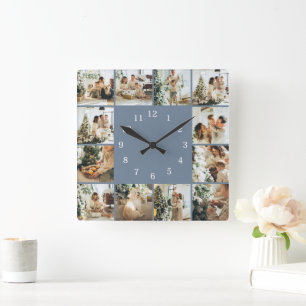 Horloge Carrée Famille moderne 12 Photo Collage Dusty Blue Keepsa