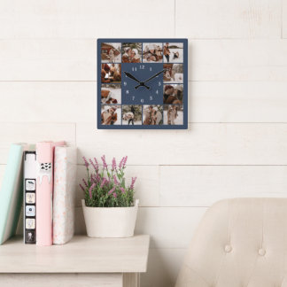 Horloge Carrée Famille moderne 12 Photo Collage Marine Blue Keeps