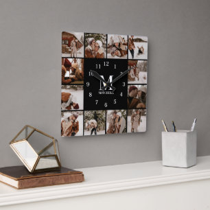 Horloge Carrée Famille moderne 12 Photo Collage   Monogramme