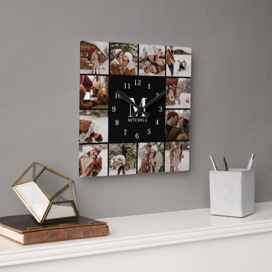Horloge Carrée Famille moderne 12 Photo Collage | Monogramme (Bureau)