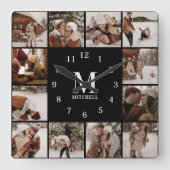 Horloge Carrée Famille moderne 12 Photo Collage | Monogramme (Recto)