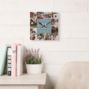 Horloge Carrée Famille moderne 12 Photo Collage Monogramme Sage G