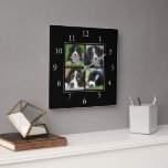 Horloge Carrée Famille noire moderne collage photo personnalisé<br><div class="desc">Collage photo de famille sur horloge arrière - plan noire. Ajoutez vos propres photos personnelles pour personnaliser l'horloge.</div>