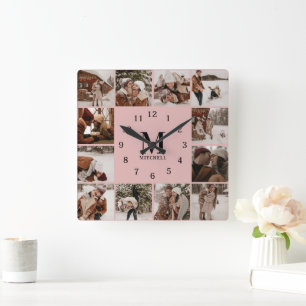Horloge Carrée Famille rose vierge moderne 12 Photo Collage Monog