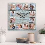 Horloge Carrée Famille Tout Citer Photo Collage Bleu<br><div class="desc">Créez facilement votre propre horloge murale personnalisée en bois flotté bleu rustique planches de lac style maison avec vos photos personnalisées. Le design comporte également une belle citation manuscrite : "La famille est tout". Pour obtenir de meilleurs résultats, recadrez les images vers le carré - avec le point de mire...</div>