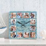 Horloge Carrée Famille Tout Citer Photo Collage Bleu<br><div class="desc">Créez facilement votre propre horloge murale personnalisée en bois flotté bleu rustique planches de lac style maison avec vos photos personnalisées. Le design comporte également une belle citation manuscrite : "La famille est tout". Pour obtenir de meilleurs résultats, recadrez les images vers le carré - avec le point de mire...</div>