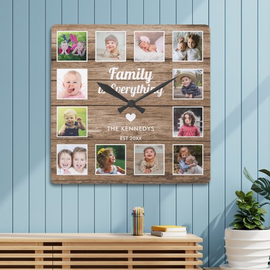 Horloge Carrée Family Is Everything 12 photo Collage Bois rustiqu