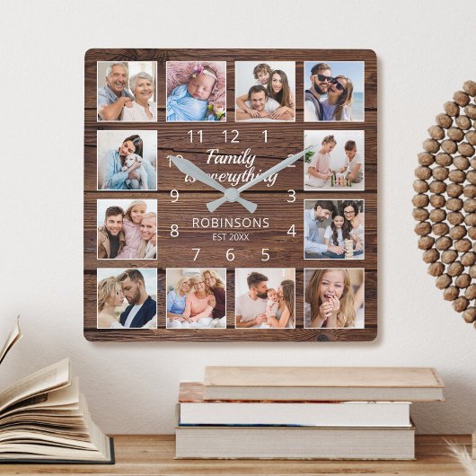 Horloge Carrée Family Is Everything Quota Photo Collage Rustic