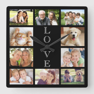 Horloge Carrée Family Love 10 Photo Collage noir