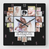 Horloge Carrée Family Photo Collage Heart 17 Pictures Name Black (Recto)
