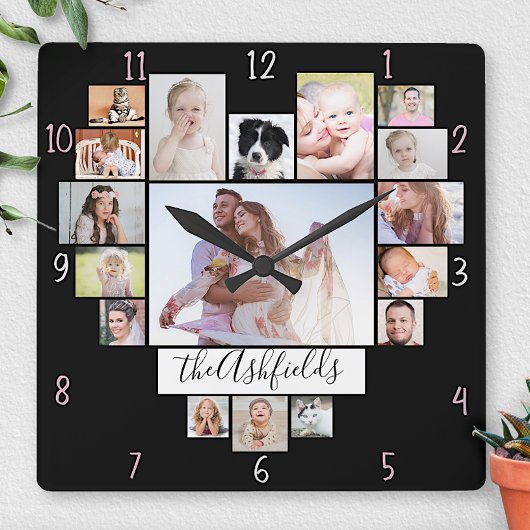Horloge Carrée Family Photo Collage Heart 17 Pictures Name Black