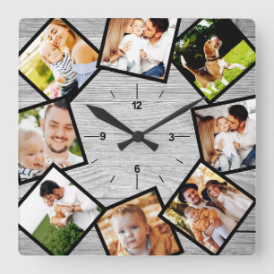 Horloge Carrée Family Photo Collage Rustic Chic Farmhouse Gray
