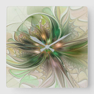 Horloge Carrée Fantaisie Abstraite Moderne Fleur Fractale Colorée