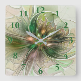 Horloge Carrée Fantaisie Abstraite Moderne Fleur Fractale Colorée