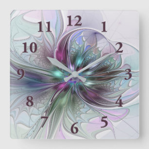 Horloge Carrée Fantaisie Abstraite Moderne Fleur Fractale Colorée