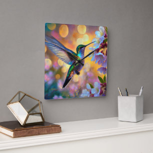Horloge Carrée Fantaisie de fleurs de cerisier Colibri