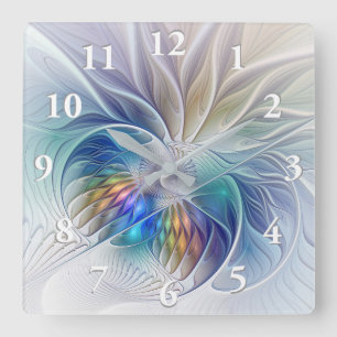 Horloge Carrée Fantaisie florale, fleur fractale abstraite coloré