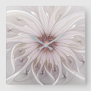 Horloge Carrée Fantaisie florale, fleur pastel abstraite moderne