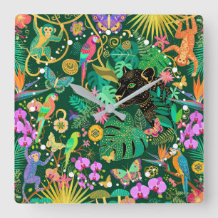 Horloge Carrée Fantasie surréaliste exotique dorée de la jungle