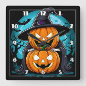 Horloge Carrée fantôme d'Halloween avec des citrouilles sous le c (Recto)