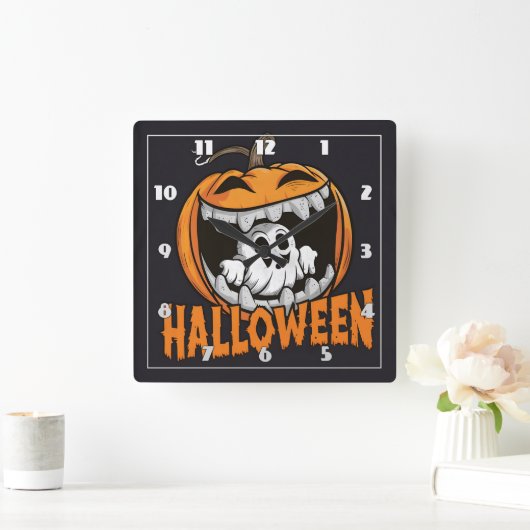 Horloge Carrée Fantôme émergent d'un citrouille géant d'Halloween (Maison)