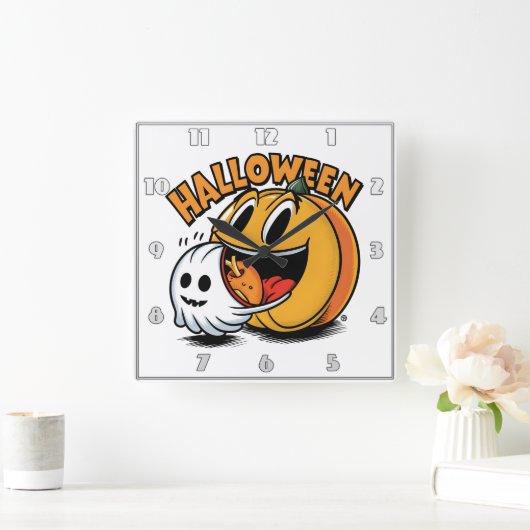 Horloge Carrée Fantôme et citrouille fêtent Halloween ! (Maison)