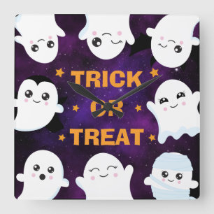 Horloge Carrée Fantômes mignons d'Halloween, bonbon ou sort