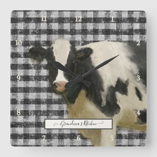 Horloge Carrée Farmhouse Cow Black n White Gingham Rustic Kitchen (Recto)
