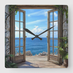 Horloge Carrée Fausse fenêtre Ocean View Scenic Timepiece
