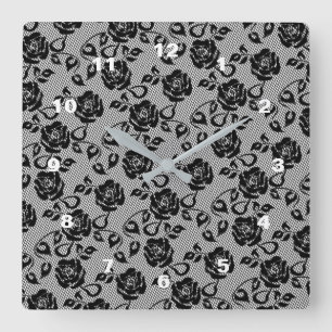 Horloge Carrée Faux Black Lace Rose Fishnet Clock